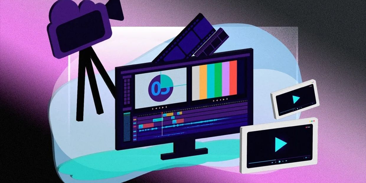 Illustration of video editing with film camera and screens.
