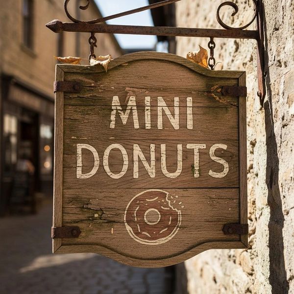 Rustic wooden sign advertising mini donuts with a bitten donut illustration.