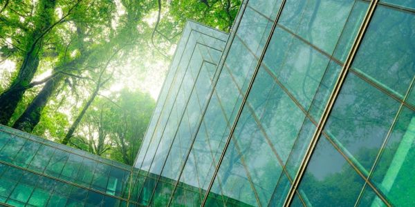 Edificio moderno de cristal con árboles verdes alrededor.