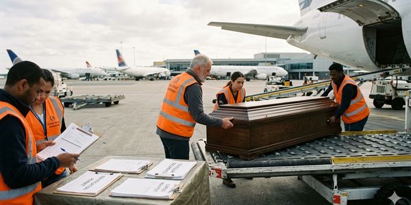Airport workers load a coffin onto a plane's cargo hold.
