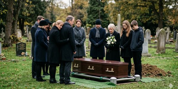 Mourners gathered around a coffin at a cemetery during a funeral.