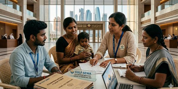 Volunteers discussing legal and financial aid at Gulf SEWA in a modern office.