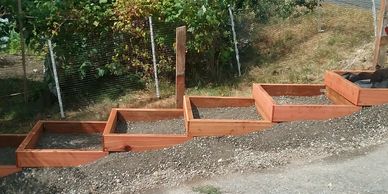 A series of five rectangular wooden raised garden beds built into a hillside.