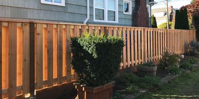 Wooden fence with plants and greenery in a residential backyard.