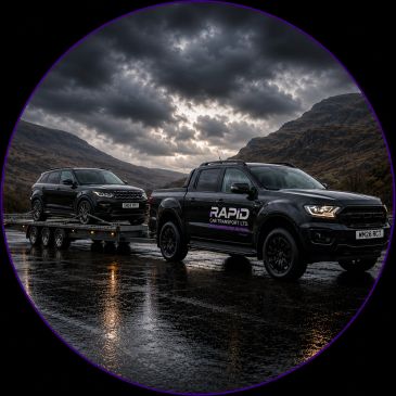 Pickup truck towing an SUV on a rainy, mountainous road.