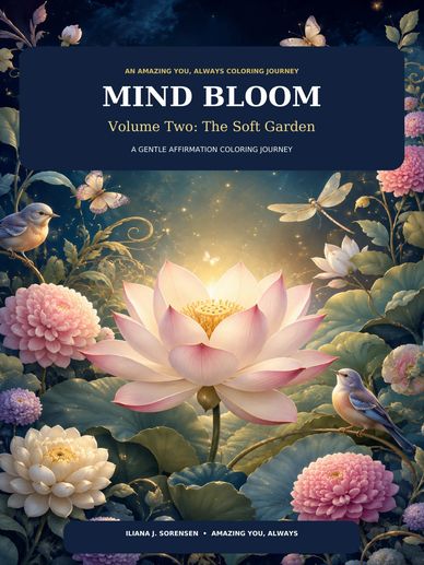 Cover of a gentle affirmation coloring book with flowers and birds.