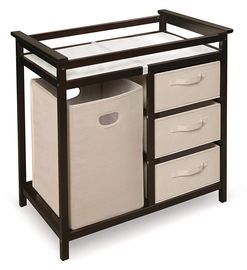 Wooden frame storage unit with fabric drawers and hamper.