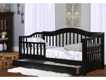 Black wooden toddler bed with safety rails and trundle drawer underneath.
