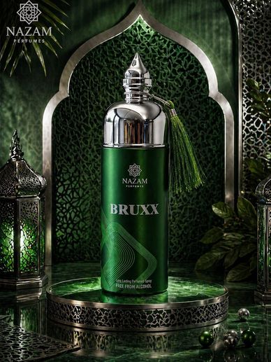 Elegant green perfume bottle with silver cap and tassel, set in ornate Middle Eastern decor.