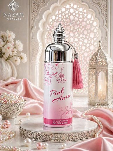 Elegant Pink Aura perfume by Nazam Perfumes with luxurious decor.