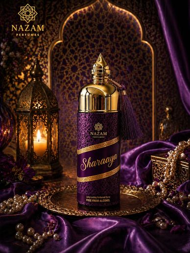 Luxurious Nazam Perfumes bottle with gold and purple design on velvet fabric.