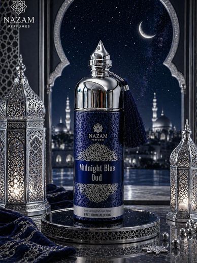 Elegant Midnight Blue Oud perfume by Nazam with intricate lanterns and crescent moon backdrop.