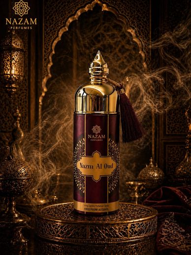 Luxurious Nazam Al Oud perfume bottle with golden accents and intricate design.