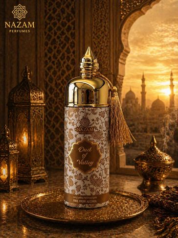 Elegant Oud of Valley perfume by Nazam Perfumes in a luxurious setting.