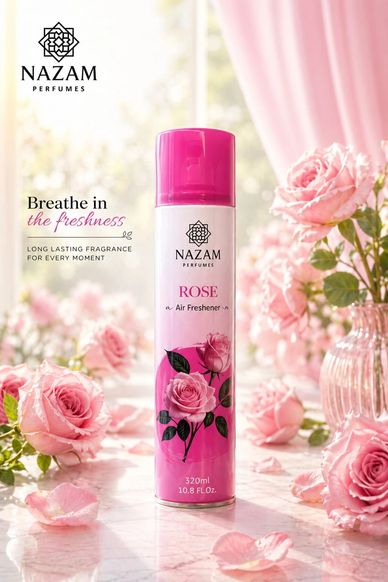 Rose air freshener by Nazam Perfumes with elegant pink floral design.