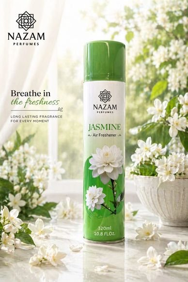 Nazam Perfumes Jasmine Air Freshener with fresh white flowers and green accents.