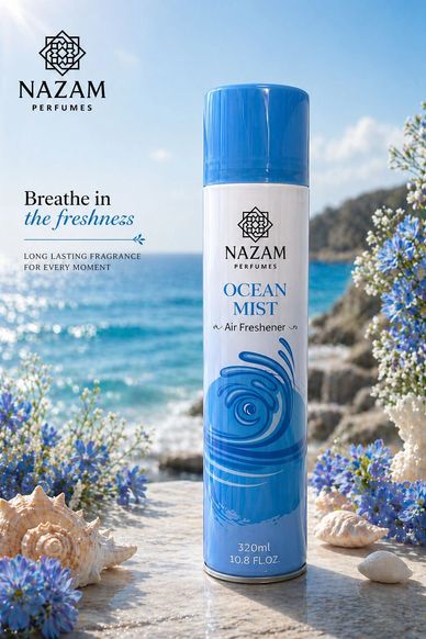 Nazam Perfumes Ocean Mist air freshener with a fresh ocean backdrop and floral accents.