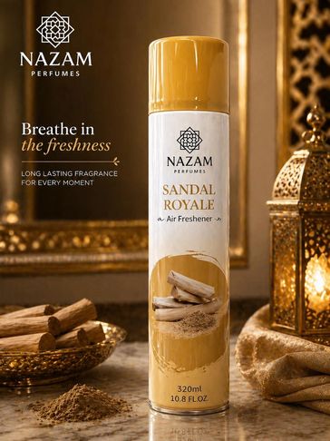 Nazam Perfumes Sandal Royale air freshener with a warm, woody scent in elegant packaging.