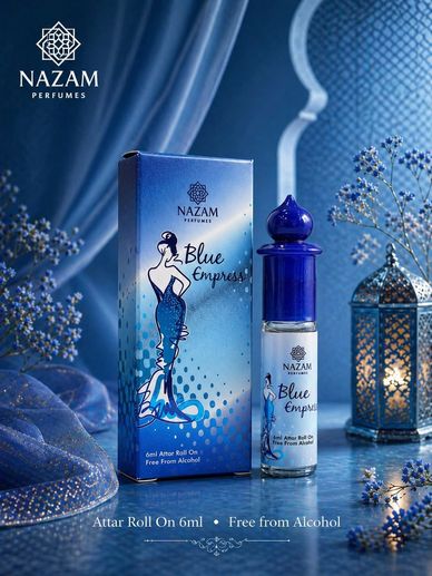 Elegant Blue Empress attar roll-on perfume by Nazam, alcohol-free and beautifully packaged.