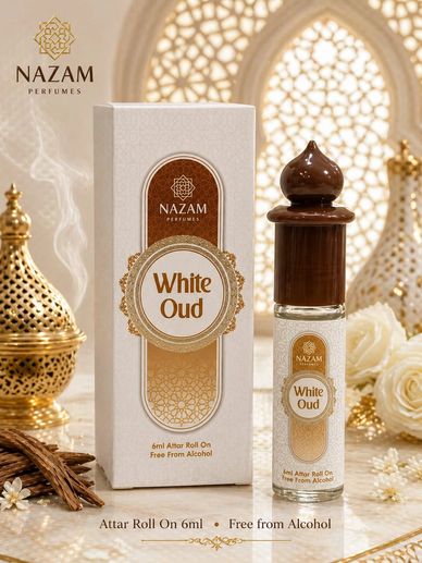 Nazam White Oud attar roll-on perfume, alcohol-free, in elegant packaging.