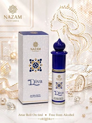 Elegant Nazam Perfumes Diva Attar Roll On with luxurious packaging and alcohol-free formula.