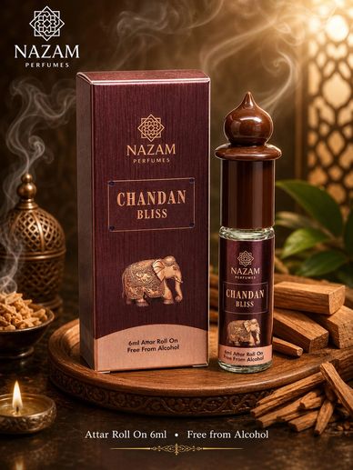 Nazam Perfumes Chandan Bliss attar roll-on with elegant packaging and wooden aroma elements.