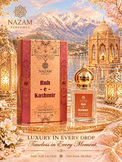 Elegant Ruh-e-Kashmir perfume by Nazam Perfumes with a scenic mountain backdrop.