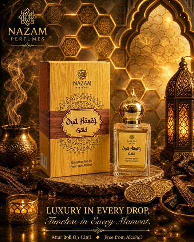 Luxurious Oud Haneej Gala perfume with elegant packaging and warm golden lighting.