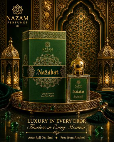 Luxurious Nazakat Attar Roll-On perfume with intricate gold and green packaging.