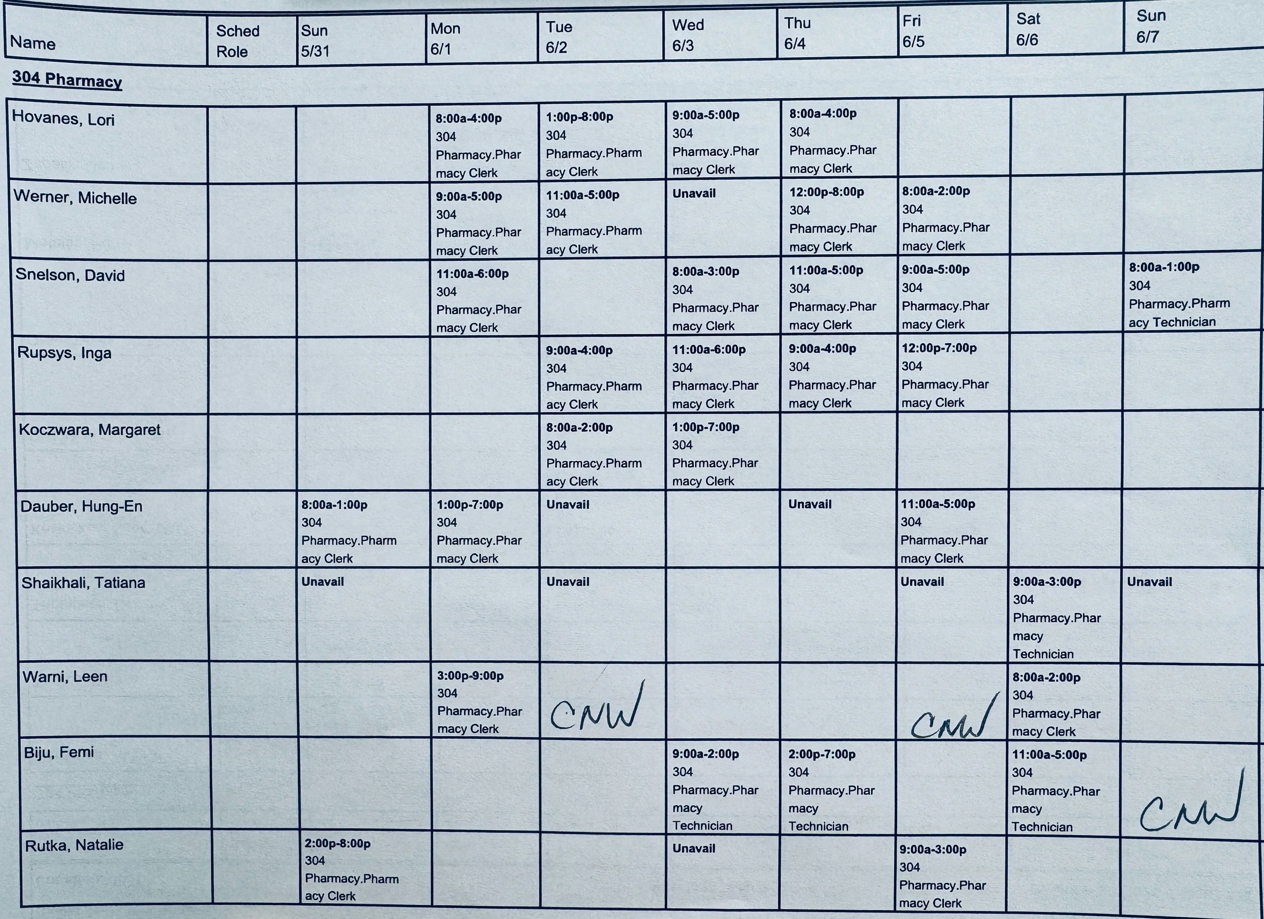 Weekly pharmacy staff schedule with shifts and roles from May 31 to June 7.