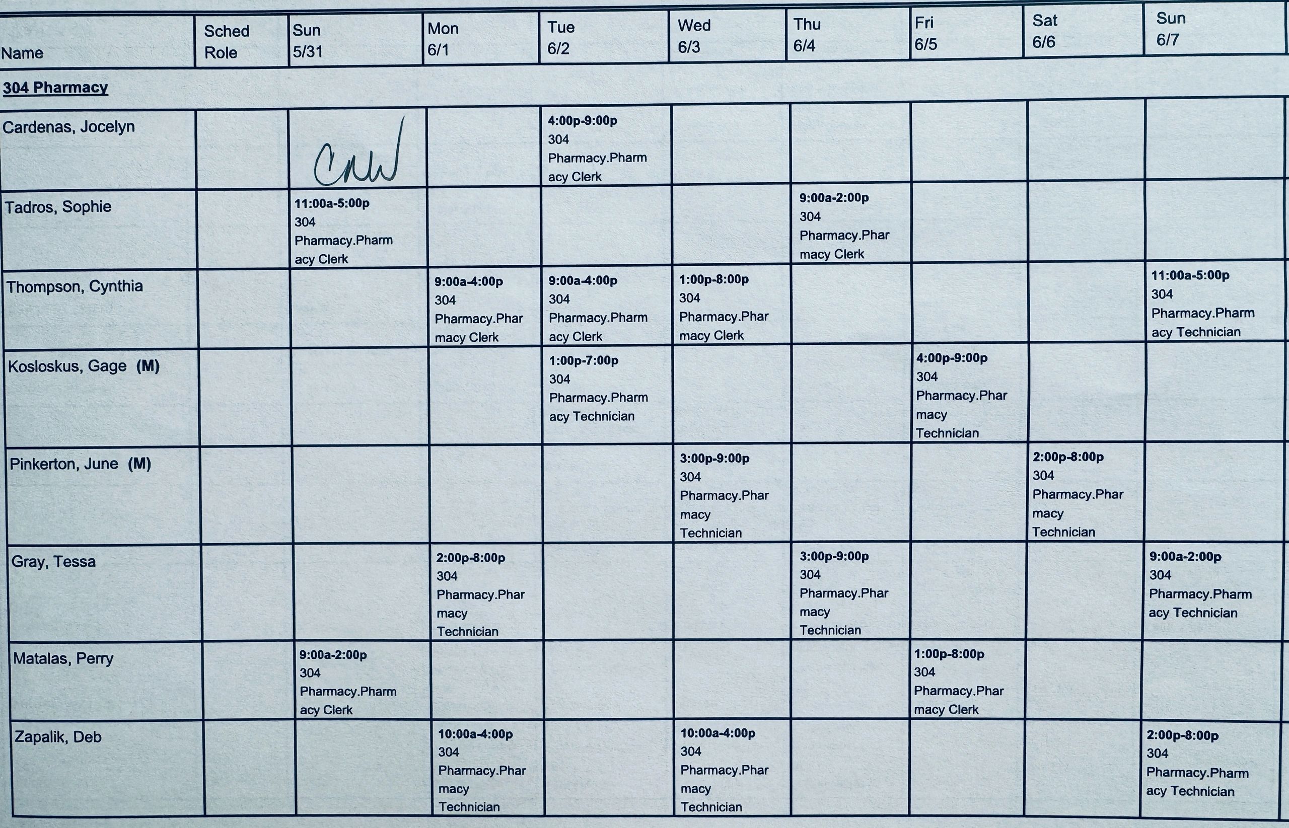 Work schedule for pharmacy staff from May 31 to June 7.
