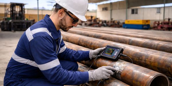 Technician inspects metal pipes using ultrasonic testing device in factory.