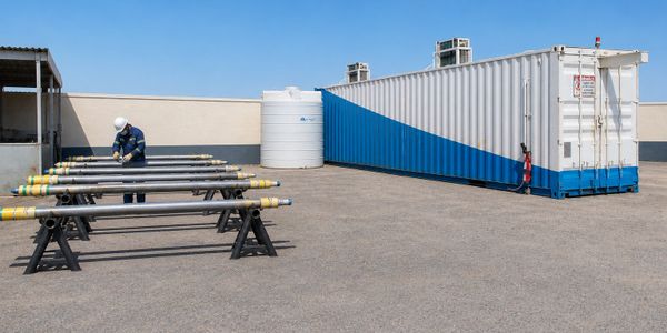 Worker inspecting metal pipes outdoors near a large container.
