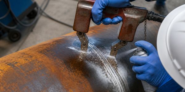 Worker using welding equipment on a metal pipe with protective gloves and helmet.