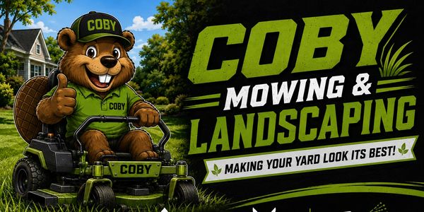 Cartoon beaver mascot mowing lawn for landscaping business.