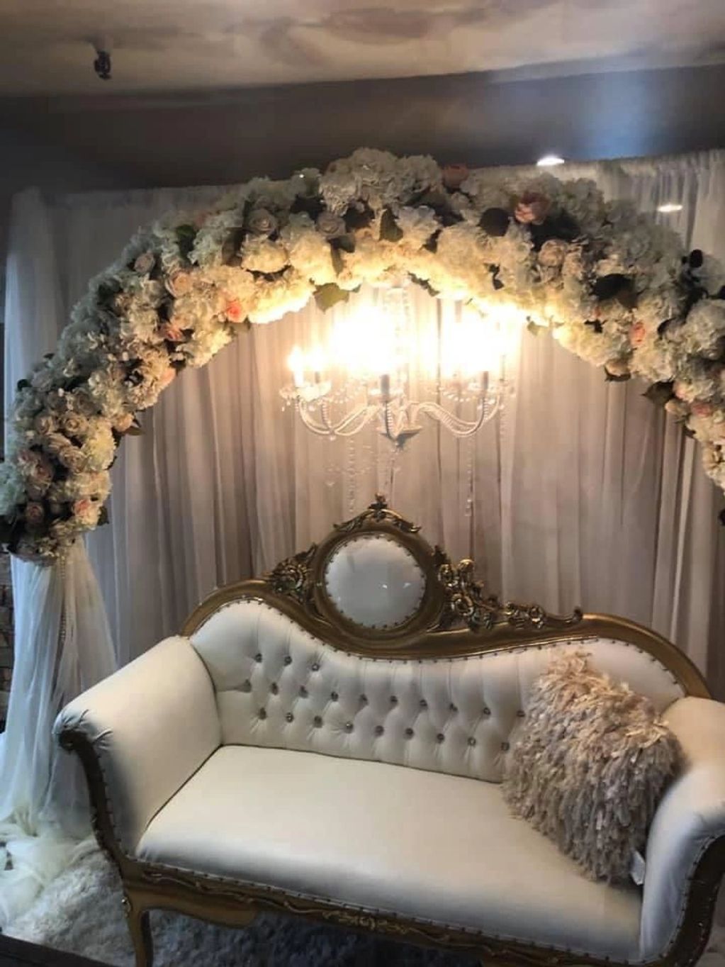 Beautiful gold sofa, perfect for your wedding, baby shower, and graduation.