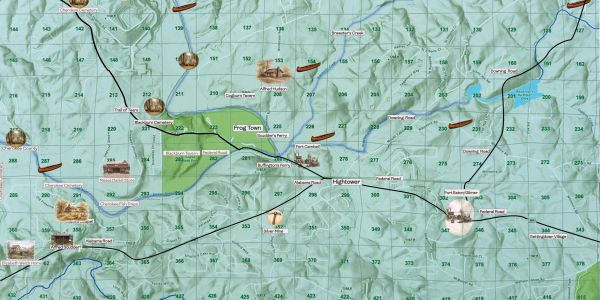Detailed map showing various forts, towns, and historical landmarks with elevation contours.