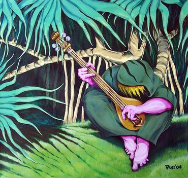 man playing guitar among pandanus