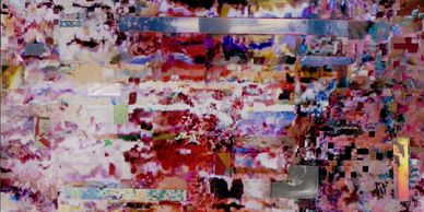 Colorful abstract digital glitch art with fragmented pixels and distorted patterns.