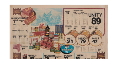 Vintage grocery advertisement featuring various food items and prices from Waldbaum's.