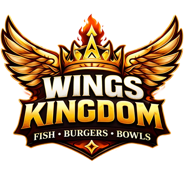 Golden wings and crown logo for Wings Kingdom food brand.