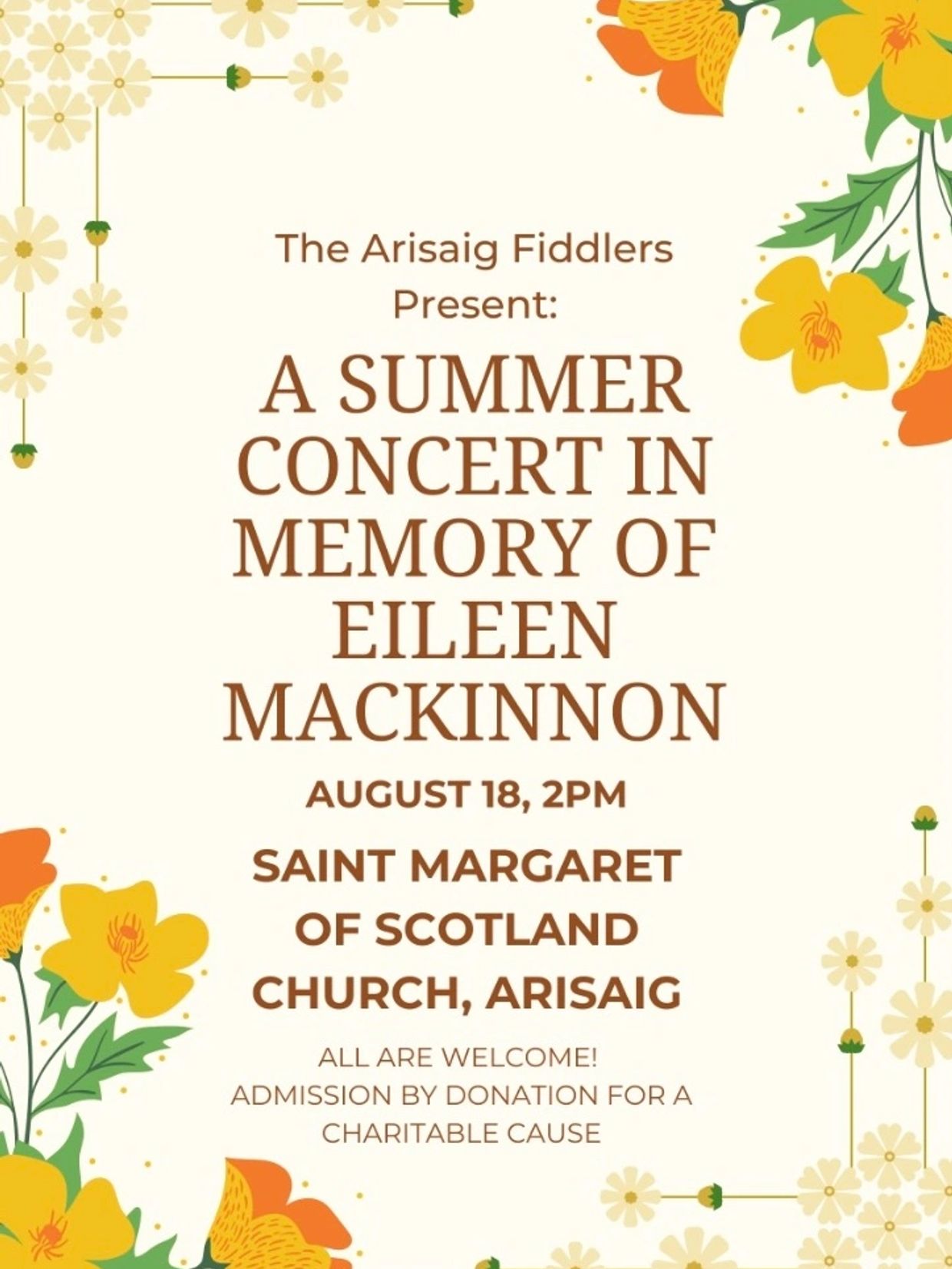 Poster for a summer concert in memory of Eileen Mackinnon at Saint Margaret of Scotland Church.