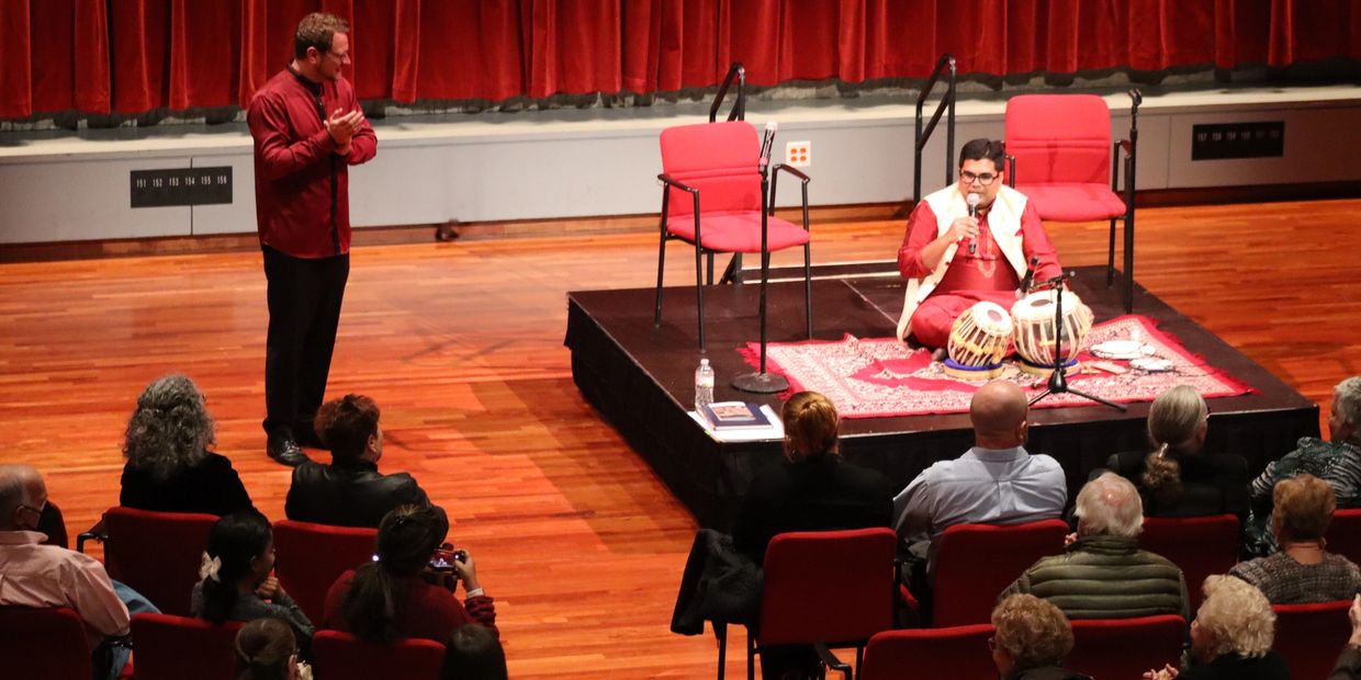 Tabla Artist Sutanu Sur, sharing a demonstration of the Tabla at the preconcert talk.