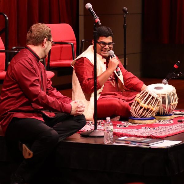 Guest Tabla artist Sutanu Sur with Dr. Kevin Sütterlin at Pre-concert talk show.