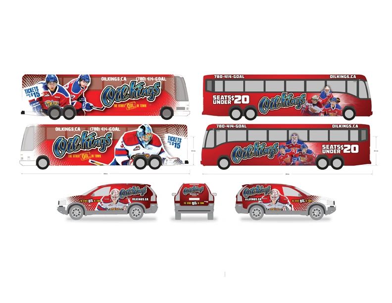 Designs for Oil Kings hockey team vehicle and bus wraps featuring players and ticket info.