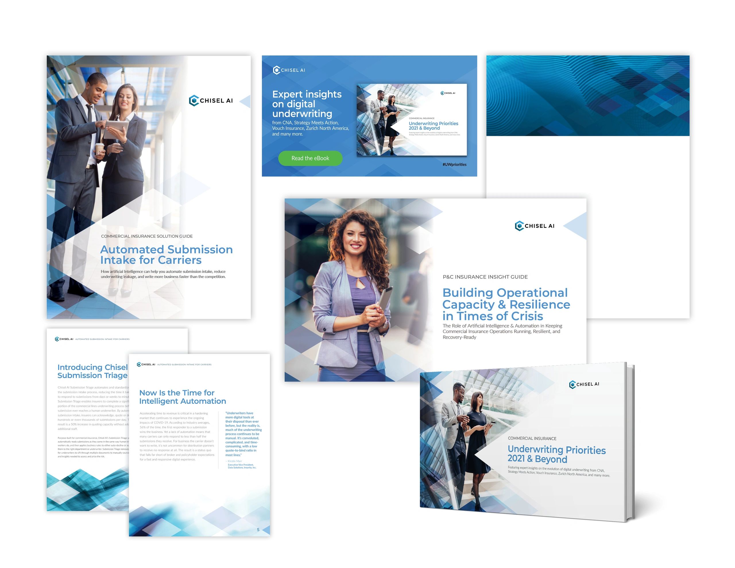 Chisel AI insurance guides with professional visuals and blue geometric design.