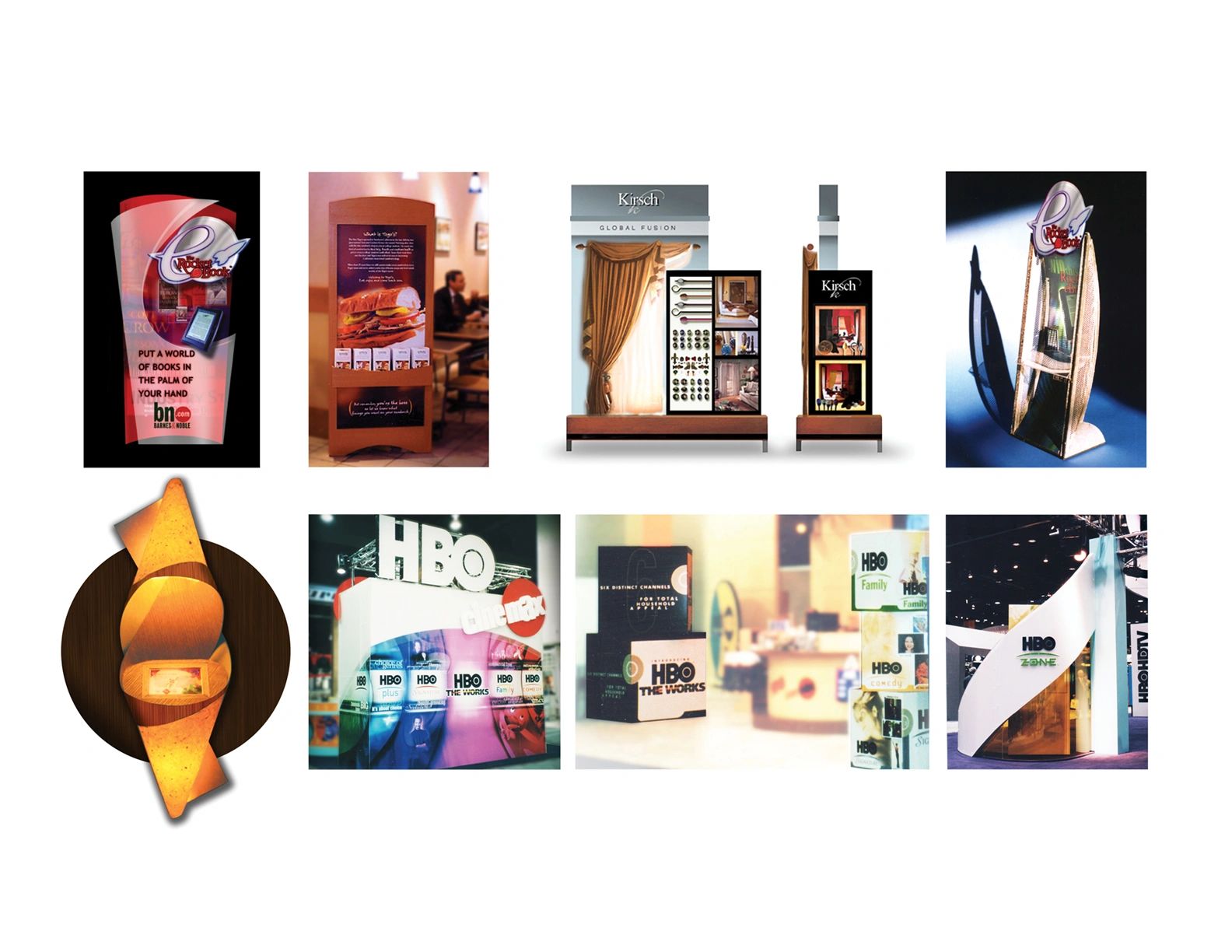 Various creative retail and event displays for brands like HBO, Kirsch, and Barnes &amp; Noble.