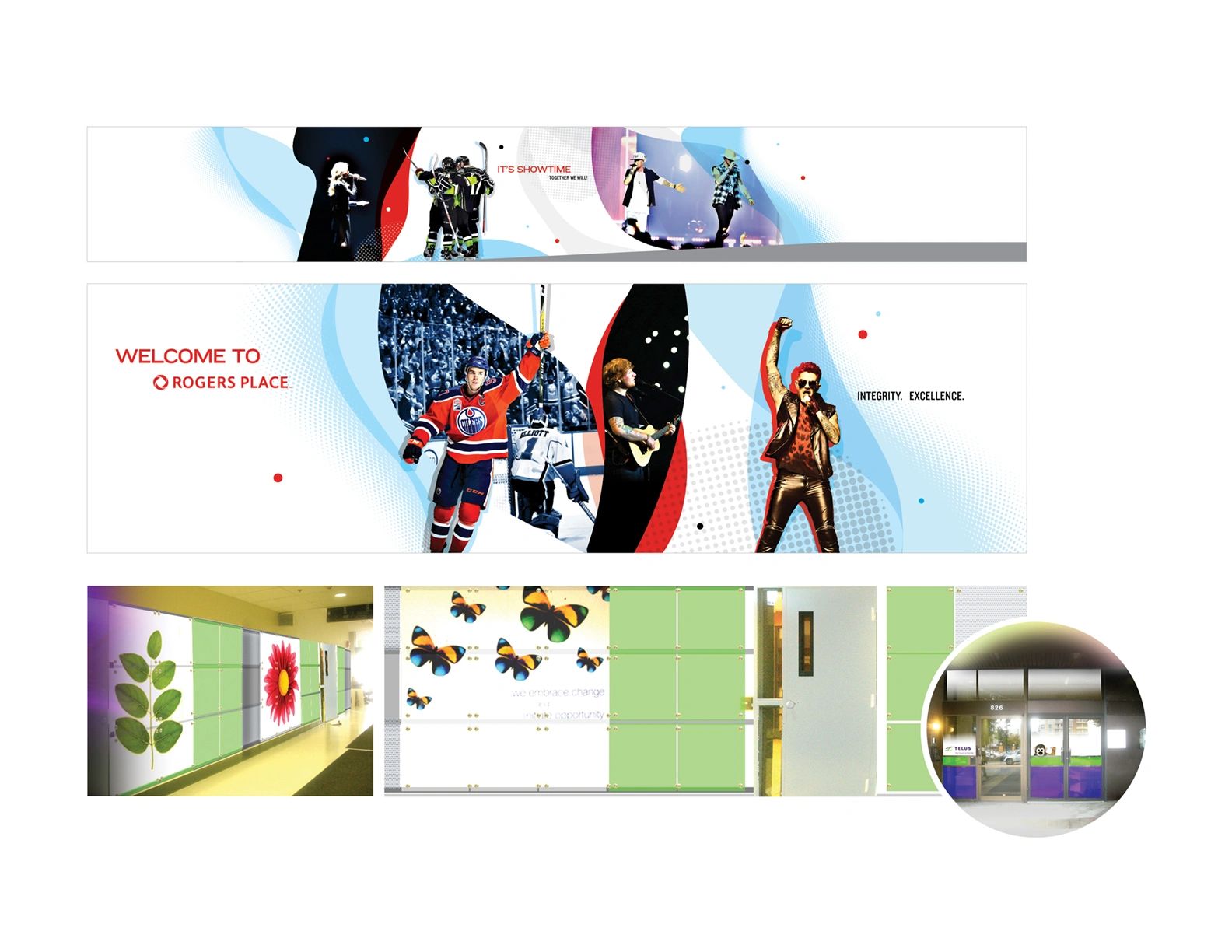 Welcome signage at Rogers Place featuring sports and music images.