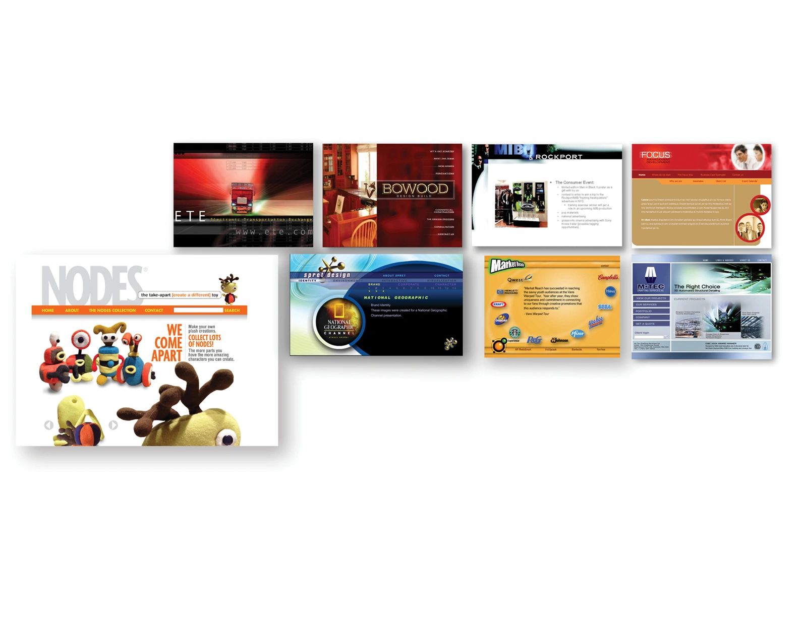 A collage of diverse website homepage designs from various companies and brands.