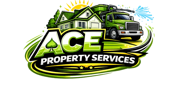Logo of ACE Property Services with a house and a green service truck.